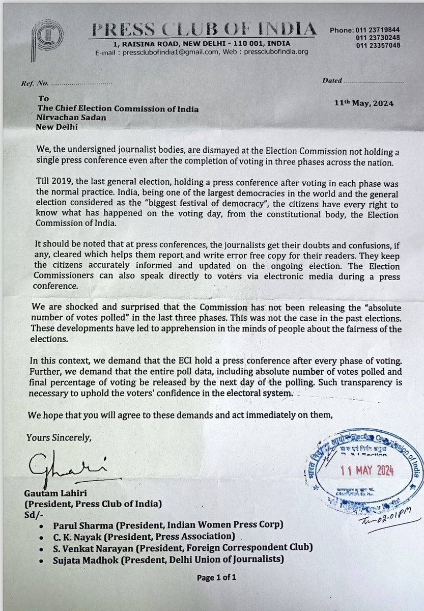 In a letter to the Chief Election Commission, the journalist bodies made two demands —• Hold press conference after voting in each phase • Release entire poll data, including “absolute number” of votes polled in each phase and percentage of voting by next day.